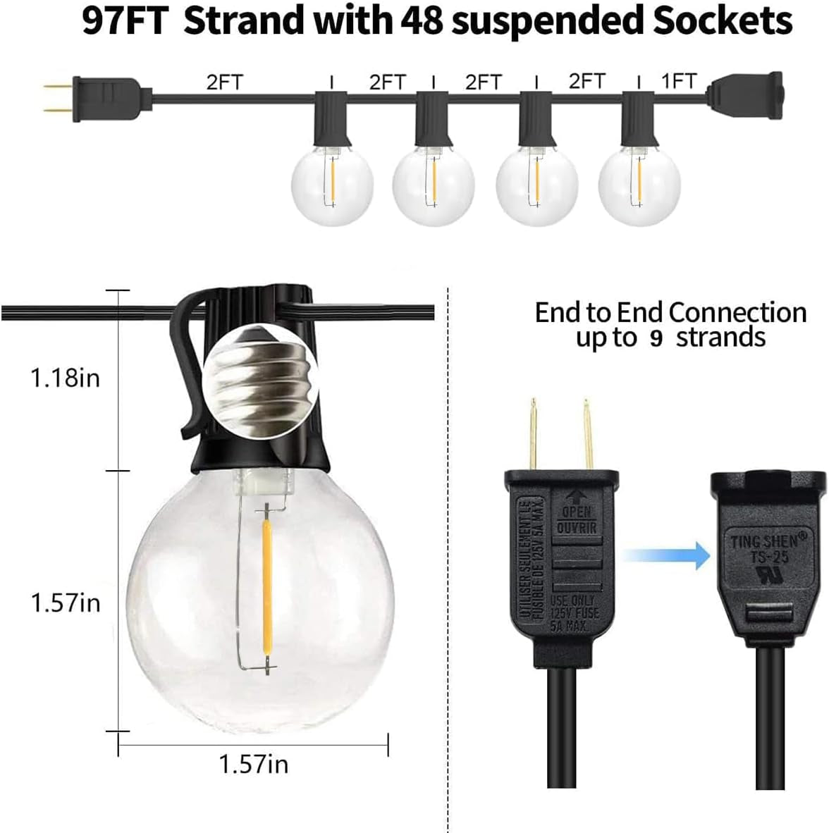 Outdoor String Lights, 97FT Patio Lights with 49 G40 Shatterproof LED Bulbs(1 Spare), Waterproof Lights String for outside Backyard, Porch, Bistro, Party, Camping, Garden Gathering